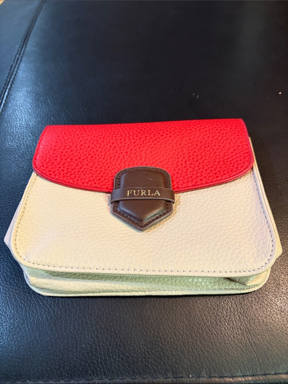 Furla Red, Cream and Brown Leather Compact Crossbody Wallet